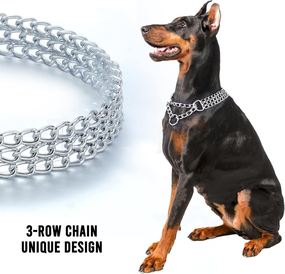 Silver Dog Choker Collar,3 Rows Stainless Steel Dog Chain Chew Proof Cuban Link Collar Metal Martingale Collar Heavy Duty Traini