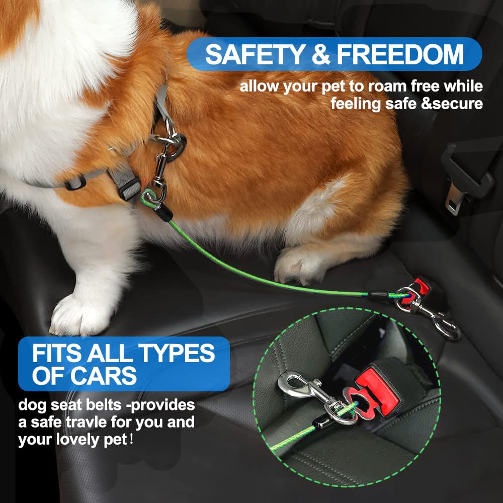 Dog Seat Belt Harness For Car,Dog Seatbelt Of Coated Wire Leash Safety Restraint,No Chew Tether Cable Vehicle,Double Clips & Lat