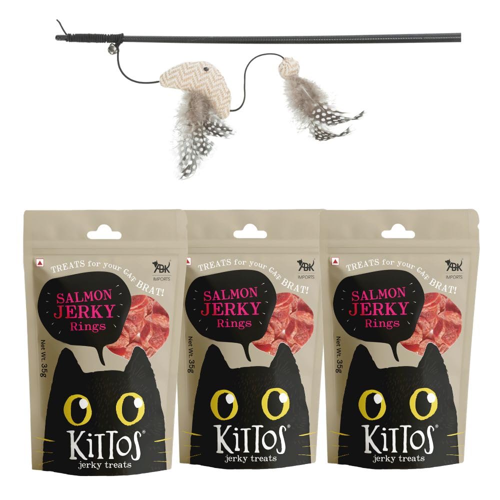 Combo Of Trixie Playing Rod With Fish Toy For Cats  65 Cm And 3 Pack Of Kittos Salmon Rings Cat Treats, 35 G