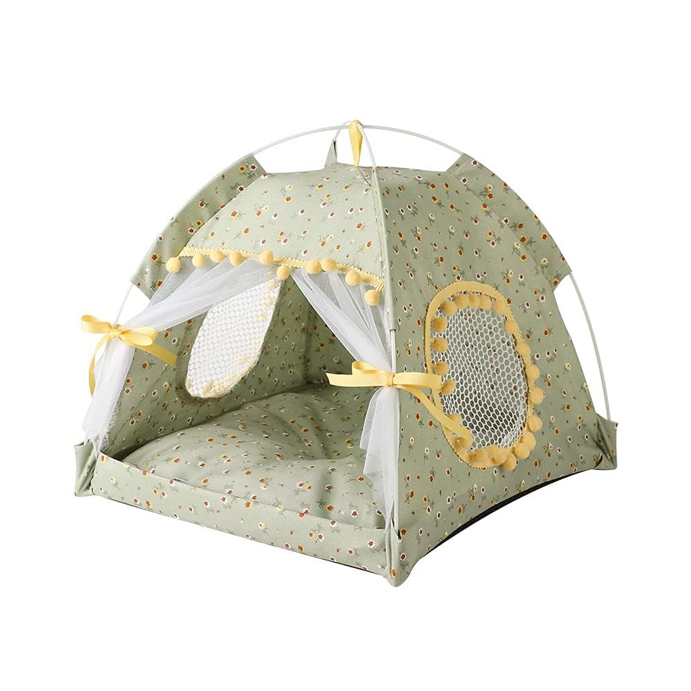 Cat Bed Tents Dog House Indoor Outdoor Lace Mesh Breathable Windows Door Curtains Removable Portable Nest Teepe House (Small,Gre