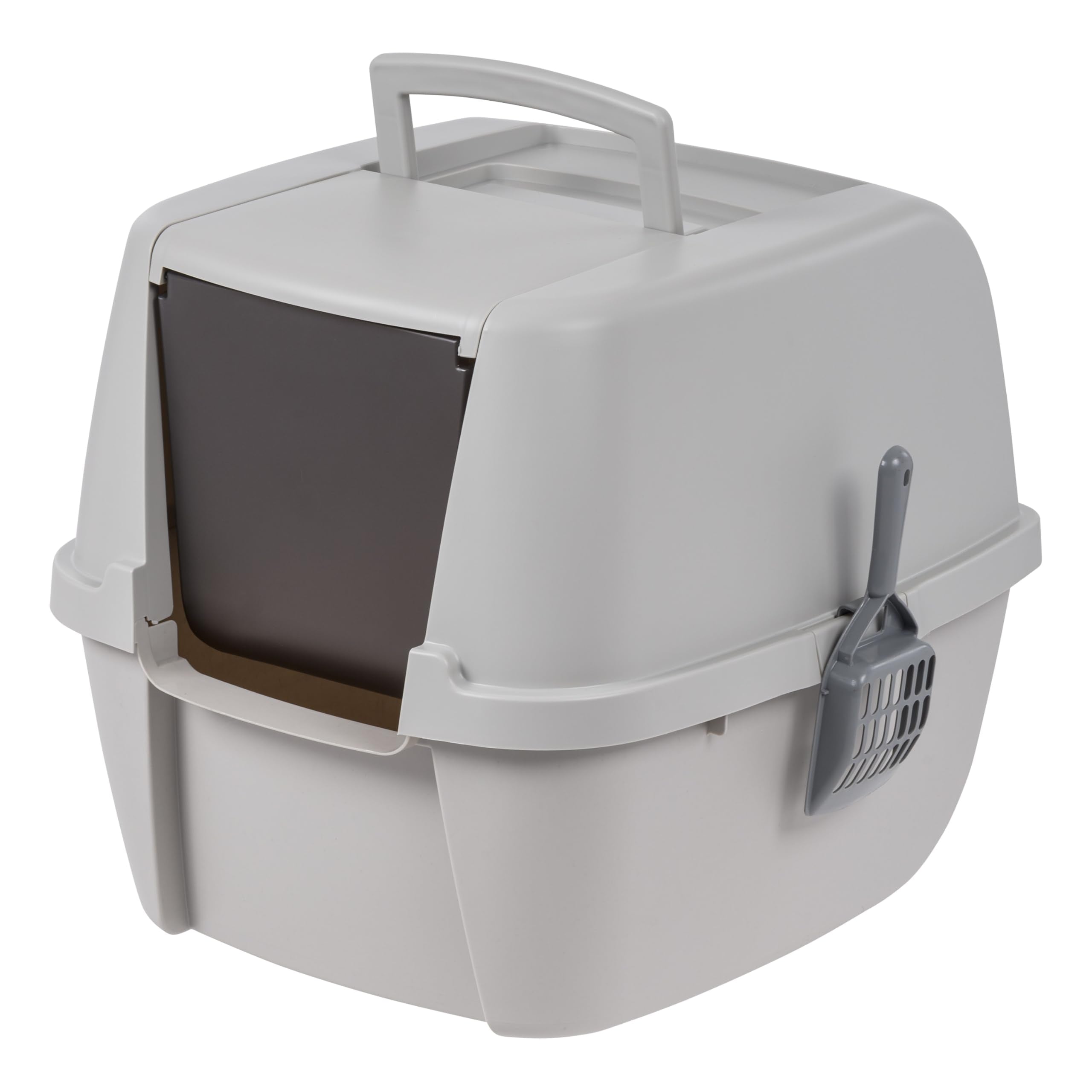 Iris Usa Jumbo Enclosed Cat Litter Box With Front Door Flap And Scoop, Covered Kitty Litter Box With Handle And Buckles For Port