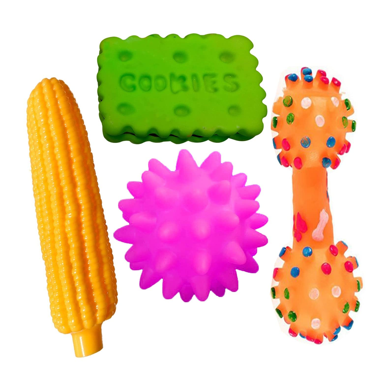 W9 Pet Products Combo Of 4 Soft Latex Rubber Interactive Squeaky Toys For Small Puppy Cookie, Corn, Dumbbell, And Spike Ball