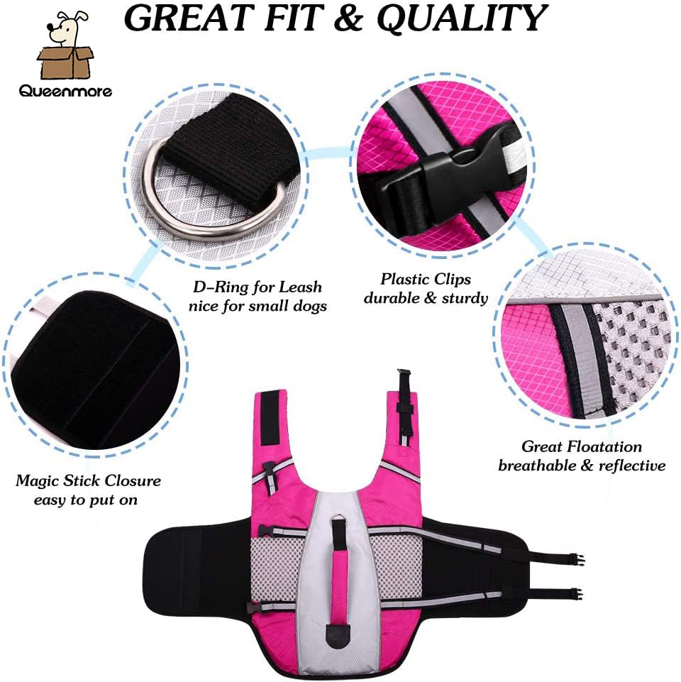 Dog Life Jacket Swimming Vest Lightweight High Reflective Pet Lifesaver With Lift Handle, Leash Ring Pink,S