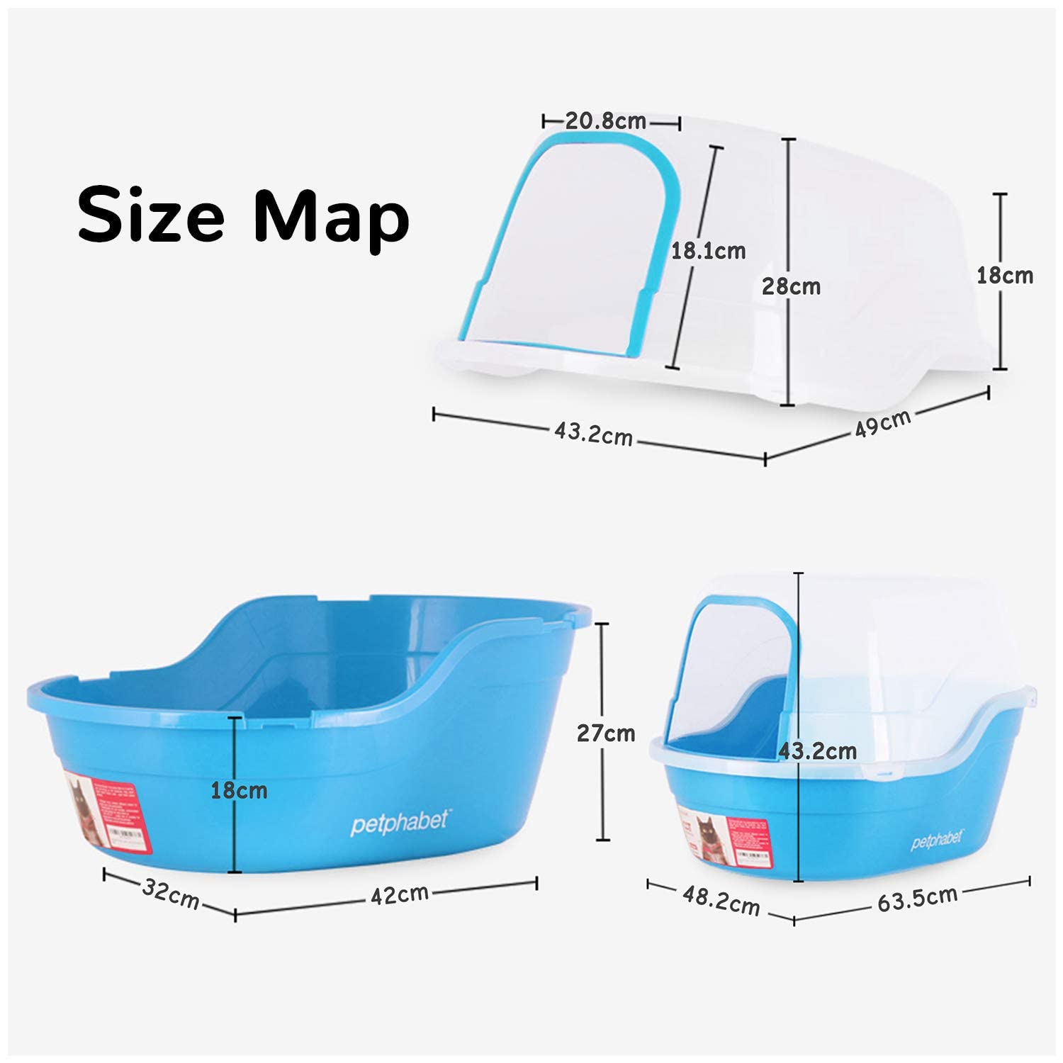 Petphabet Jumbo Hooded Cat Litter Box - Extra Large XX-Large, Light Blue, Plastic, Model 5346877729