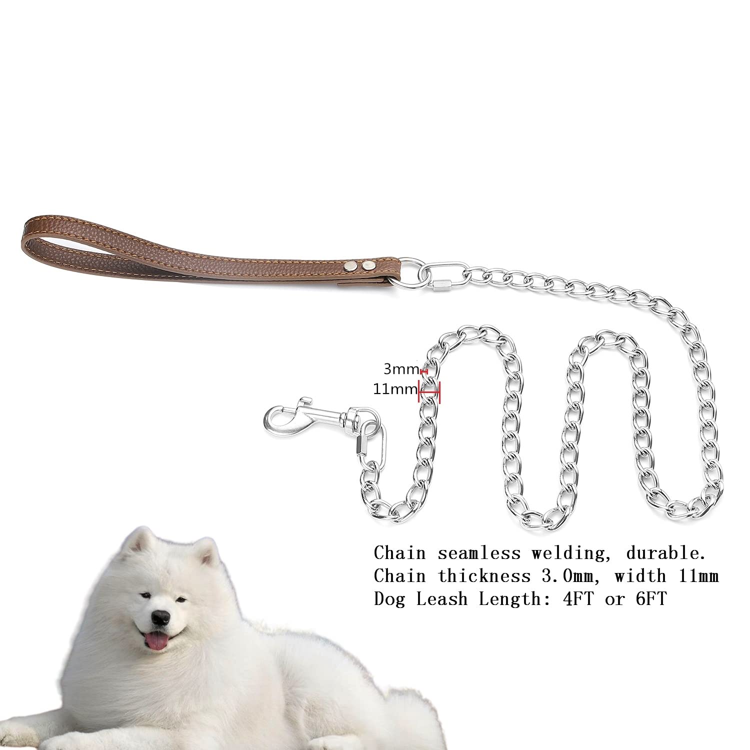 Puroayet Heavy Duty Dog Chain Leash 4Ft/6Ft Chew Proof Stainless Steel Link Leash,Training Walking Leash For Large Medium Size Dogs,With Two Connection Clip,Adjustable Long/Short Dog Leash(4Ft)