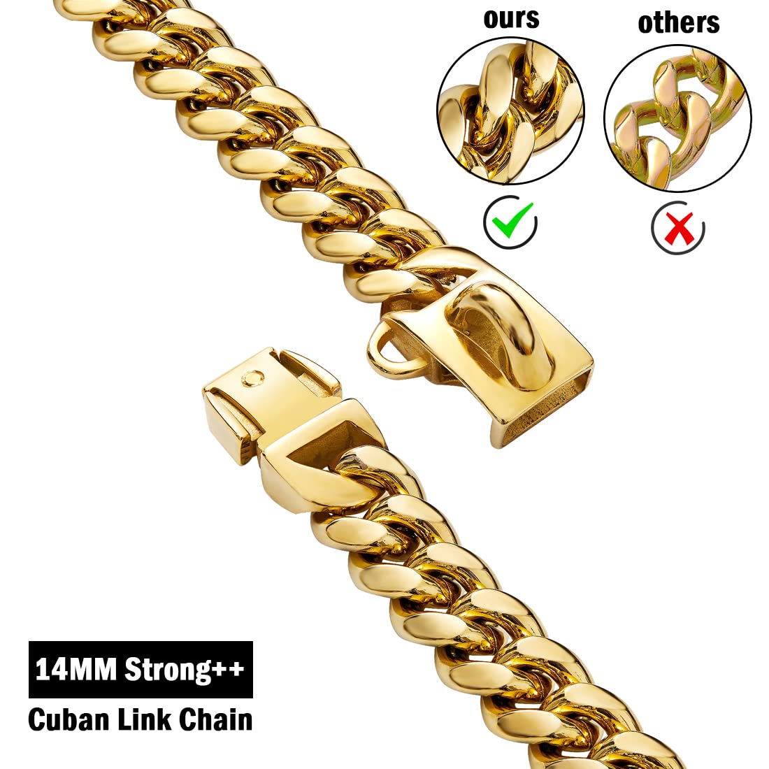 Yowity Gold Dog Collar,14Mm Strong Stainless Steel Cuban Link Dog Gold Chain Collar,Dog Necklace Walking Collar For Medium Large