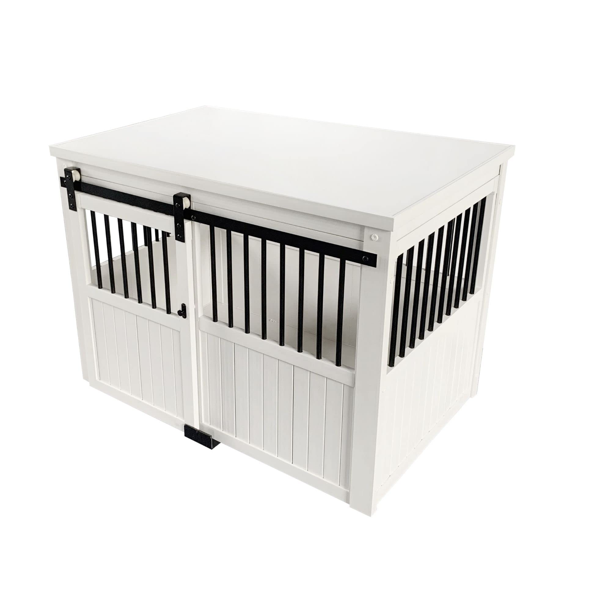 New Age Pet ECOFLEX Homestead Sliding Barn Door Furniture Style Dog Crate - Antique White, Large (EHDBC15-04L) - Stylish, Durabl