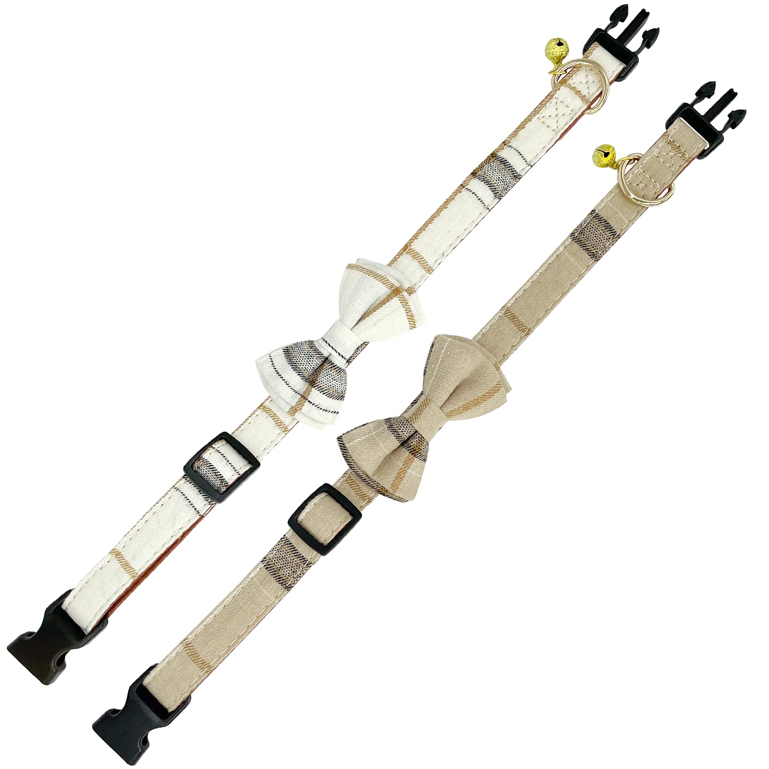 Kudes 2 Pack/Set Dog Collars With Bow Tie And Bells, Adjustable Cute Dog Bow Ties Collar For Small/Medium/Large Boys And Girls Pets (Beige & Brown, M(11.8''-17.8''))