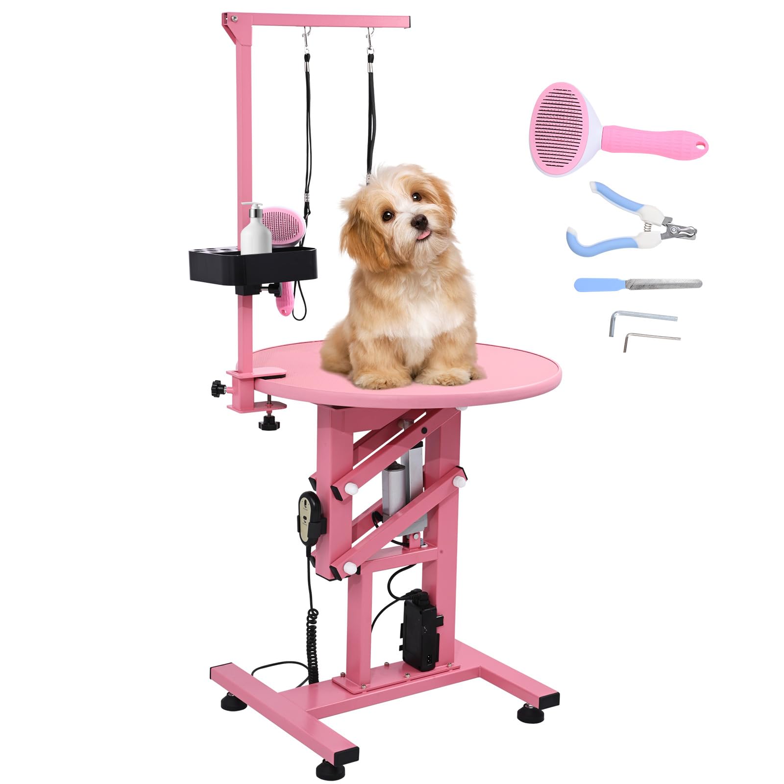Professional Pet Grooming Table with Double leashes, 24 Electric Lift Dog Grooming Table for Small Dogs, Adjustable Overhead Arm