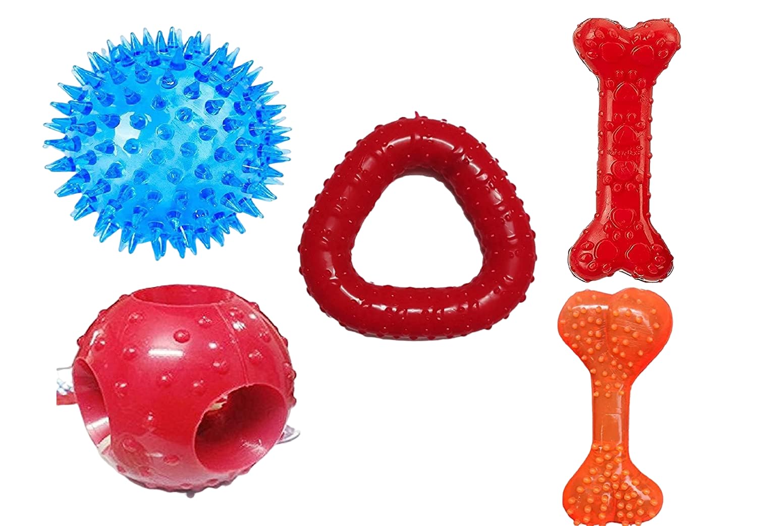 Dog Trust Chew Toy Combo  Toys for Small to Medium Dogs | Includes Flavored Bone, Hole Ball, LED Spike Ball, Trio Ring & Paw Pr