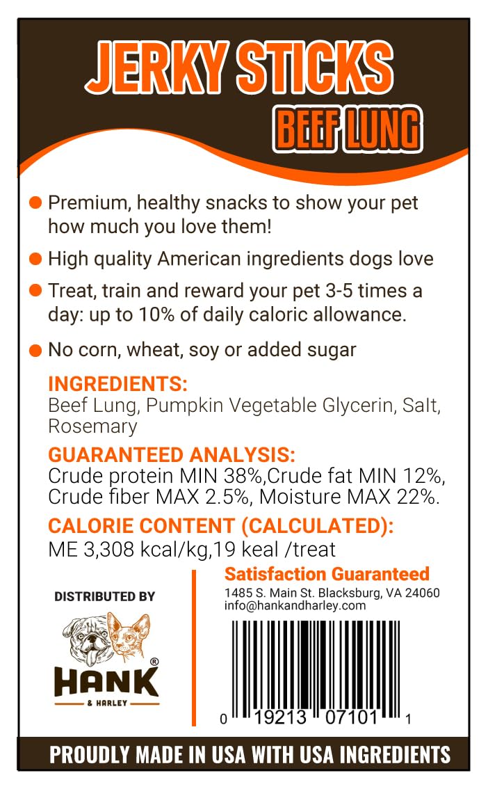 Hank & Harley Jerky Sticks Beef Lung 1 lb - USA Lean Protein Soft Dog Treats with Pumpkin. 100% Natural, NO Added Sugar, Flour o