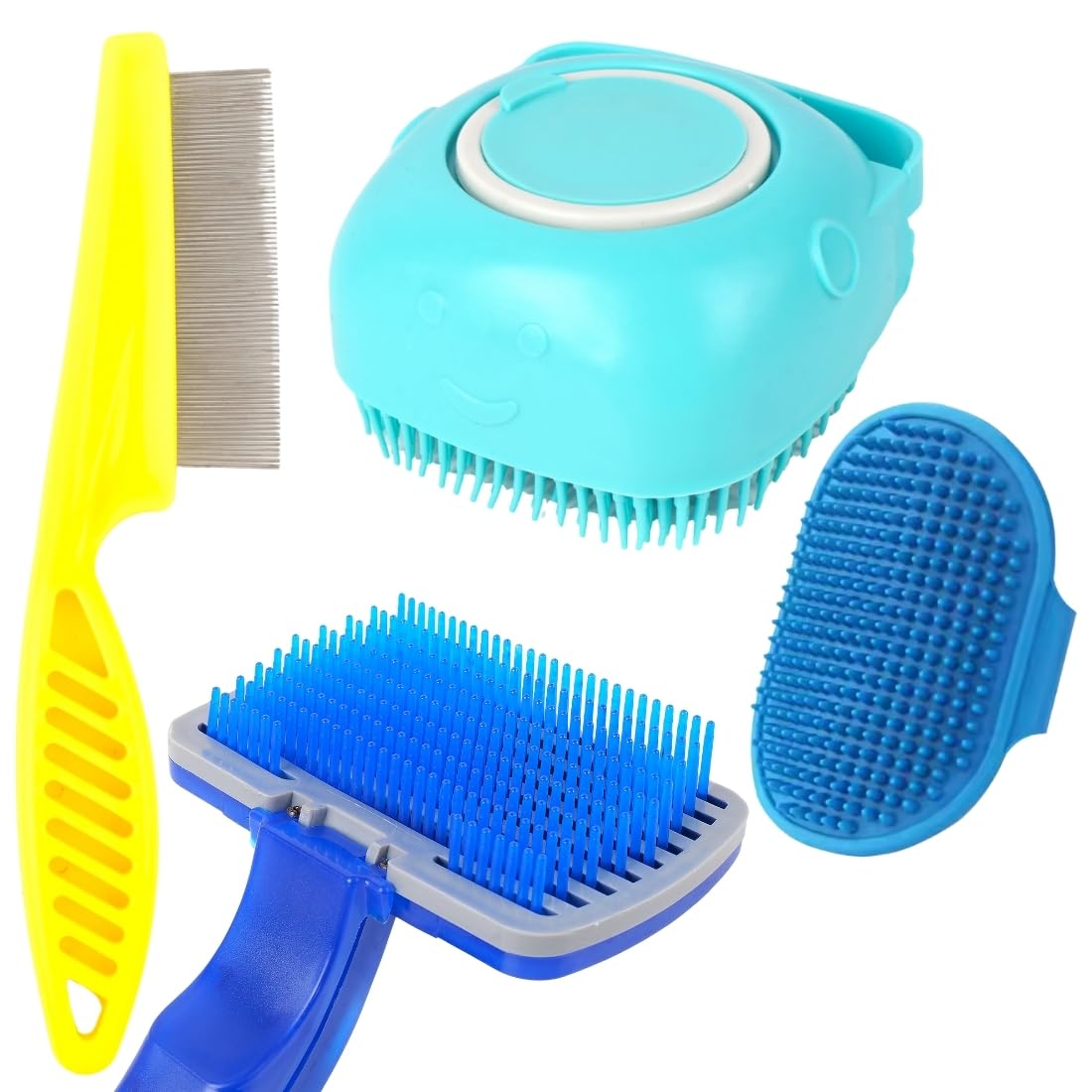 Pet Grooming Brush Set, Professional Dog Cat Deshedding Tools, Blue Yellow Turquoise, SelfCleaning Combs With Metal Pins, 4 Pie