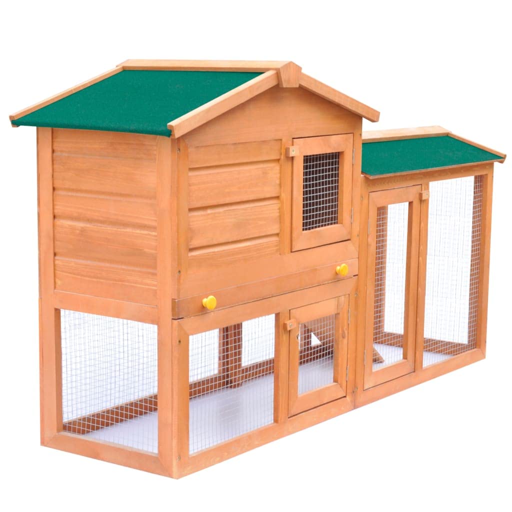 vidaXL Outdoor Large Rabbit Hutch - 2 Layer Wooden Small Animal Cage with Green Roof - Iron Wire Mesh, Slide-Bolt Latches, Easy-Climb Ladder and Pull-Out Tray