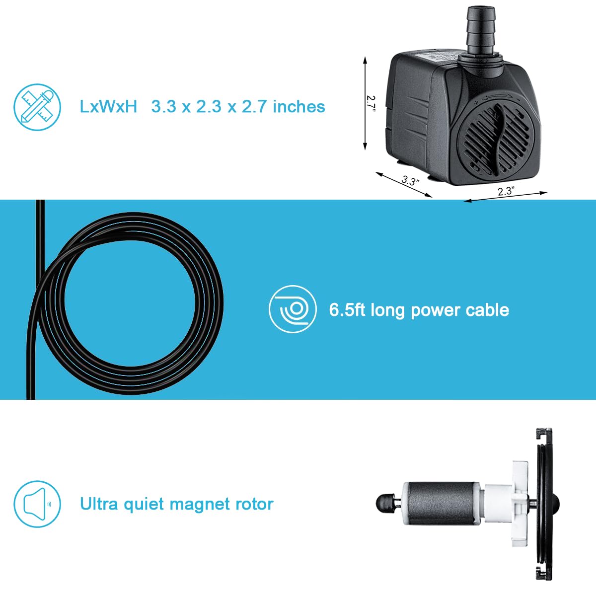 LYQILY 400GPH Submersible Water Pump - 1500L/H, 25W, Ultra Quiet, Black, Ideal for Fountains, Hydroponics, Ponds, Aqu