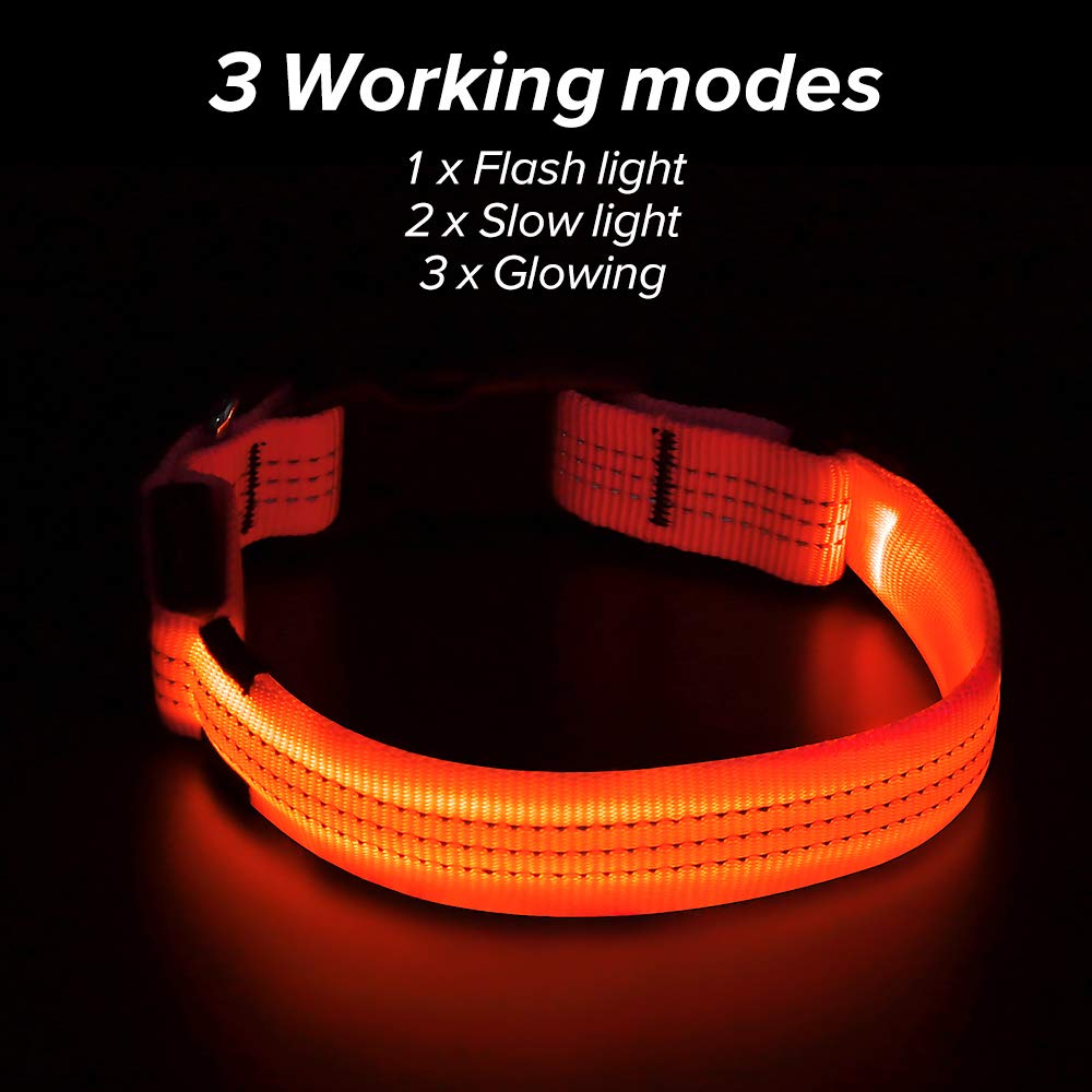 Illumifun Led Dog Collar, Usb Rechargeable Led Collar For Dogs Glow In The Dark, Reflective Light-Up Collar Make Your Dogs Safe& Seen At Night (Orangeⅲ, Small)