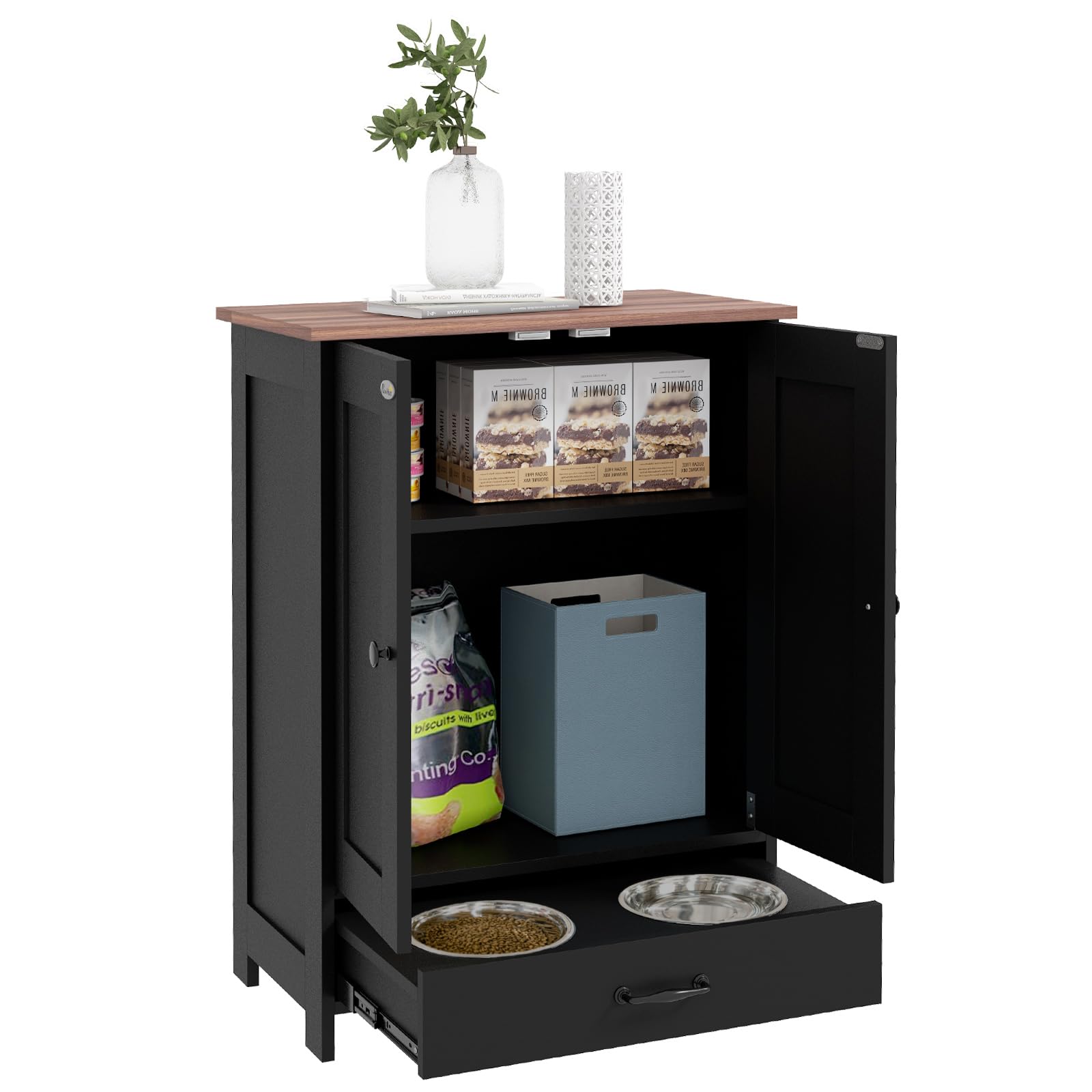 PawHut Dog Food Storage Cabinet, Dog Feeding Station with 2 Hidden Dog Bowls, Adjustable Panel, Hook, Pet Feeding Station for Me