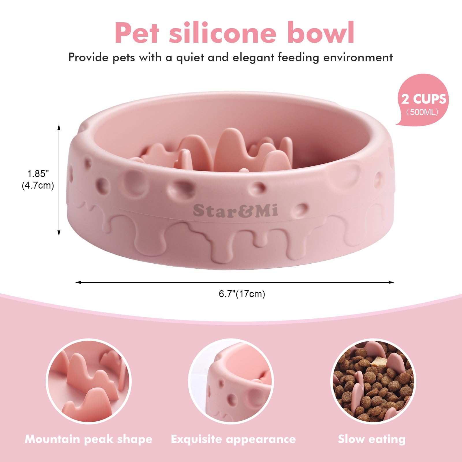 Silicone Slow Feeder Dog Bowls & Cat Bowls, 2 Cups Small Pet Food Bowl with Non-Slip Suction Base, Food-Grade Safe Puzzle Feeder
