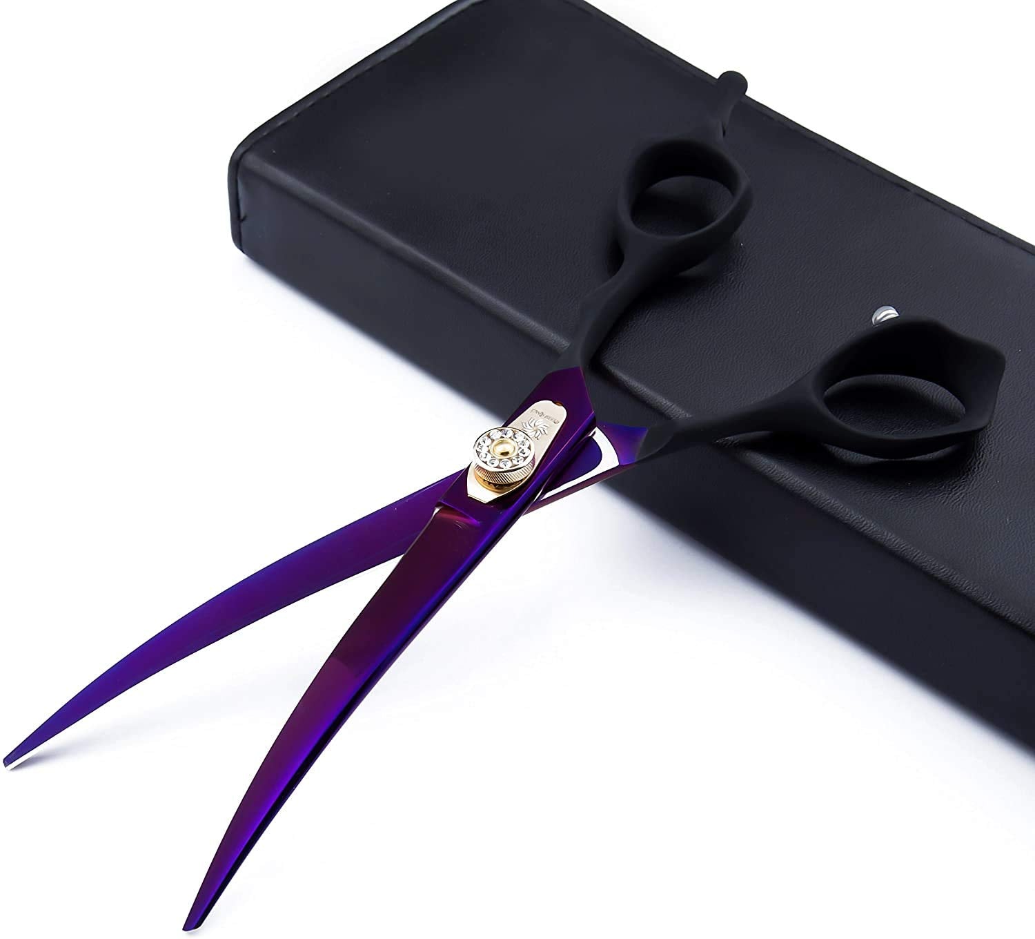 Dream Reach 7.0 Inches Professional Decompressed Elastic Handle Pet Grooming Scissors Set,Straight & Chunker & 2 Curved Scissors 4Pcs Set For Dog Grooming (Purple) (4Psc Set)