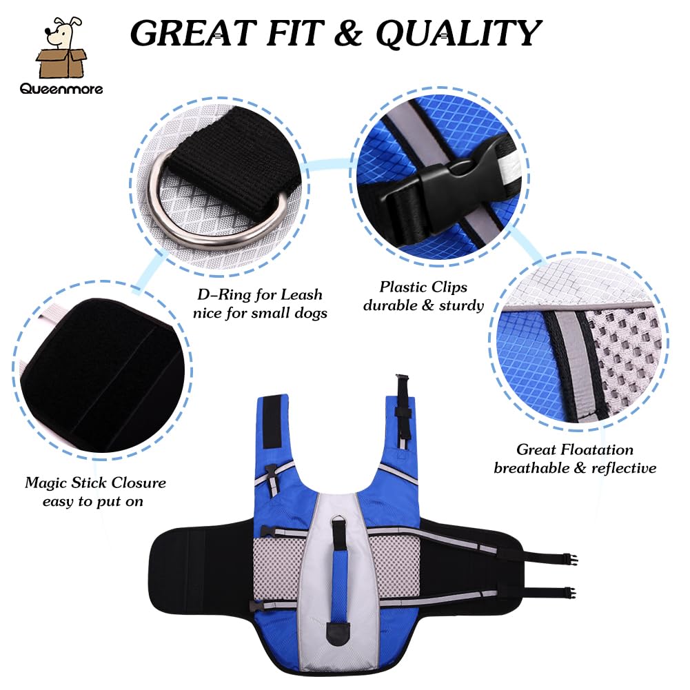Dog Life Jacket Swimming Vest Lightweight High Reflective Pet Lifesaver With Lift Handle, Leash Ring Blue,S
