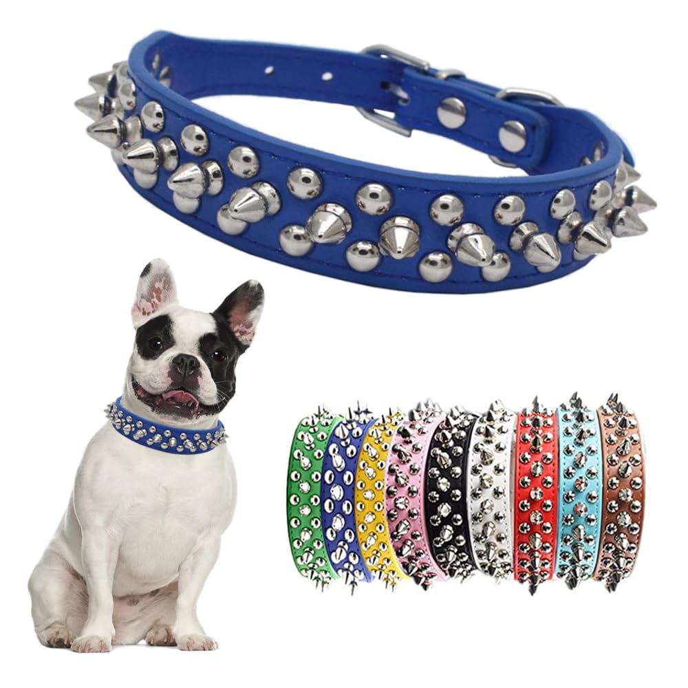 Blue Spiked Dog Collar For Medium Dogs,Mushroom Rivet Spike Puppy Collars Girls Boys Leather Studded Cat Collar Metal Buckle Dur