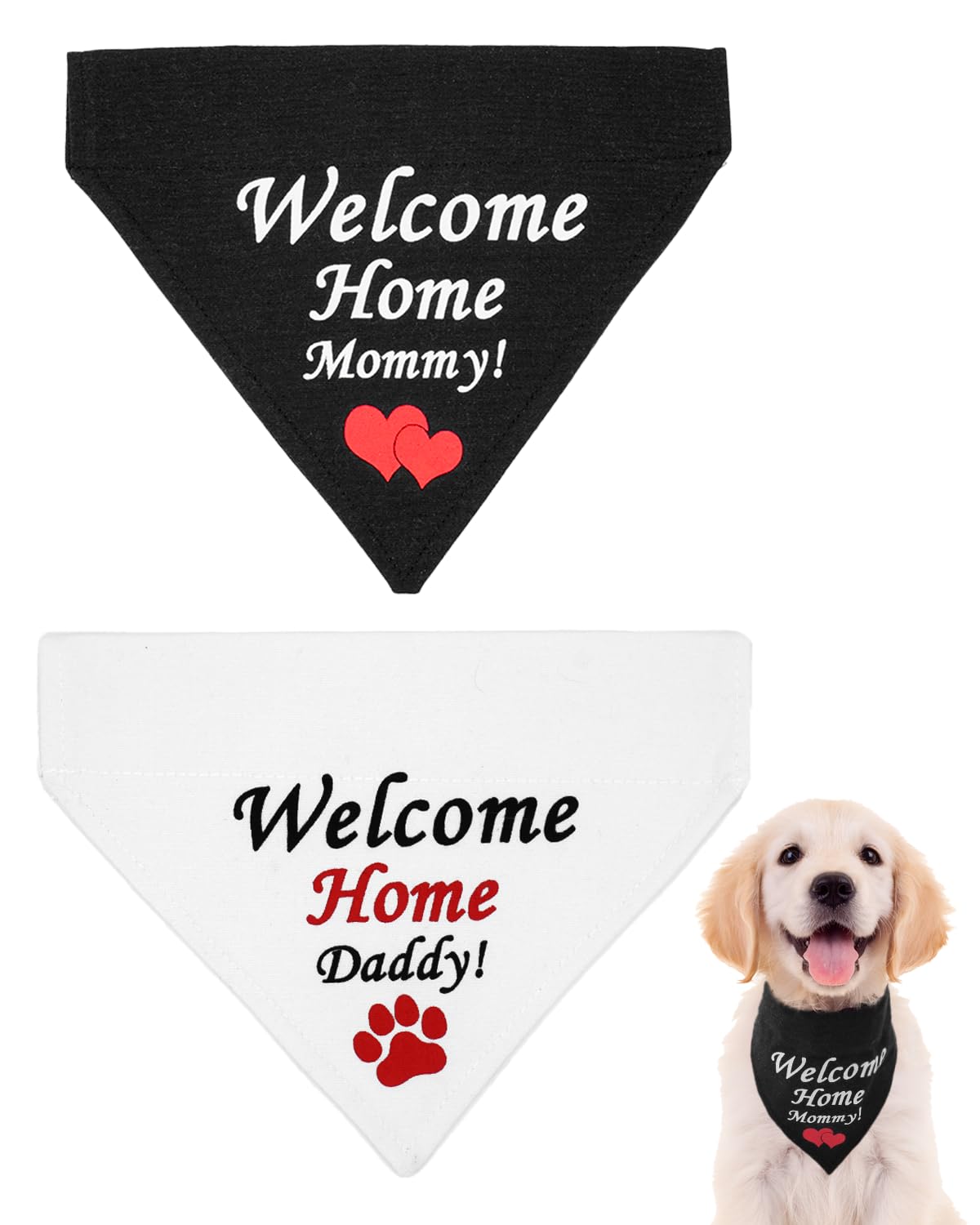 Pet Show 2 Pack Welcome Home Daddy Mommy Dog Bandanas For Medium Large Dogs Reversible Slip On Bibs White Black Washable Scarf S