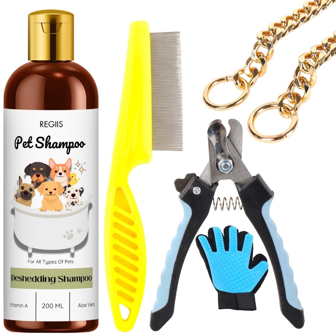 Regiis Pet Grooming Kit With Deshedding Shampoo 200Ml, Nail Clipper, Comb And Grooming Glove, Gold Chain(Pack Of 4)