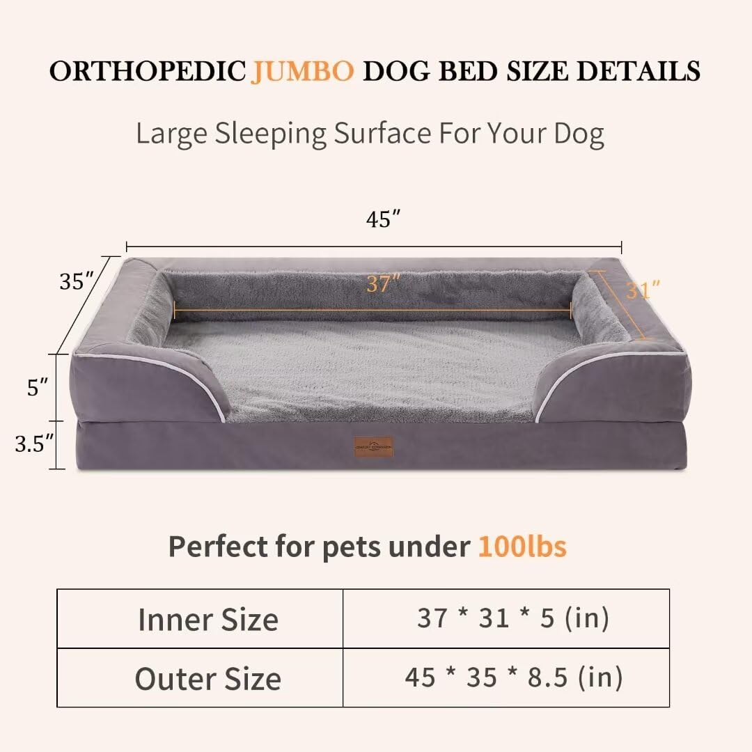 Comfort Expression Jumbo Dog Bed For Extra Large Dogs, Jumbo Breed Waterproof Orthopedic Dog Bed, Pv Washable Dog Sofa Bed With Removable Cover & Non-Slip Bottom(Jumbo,Purple)