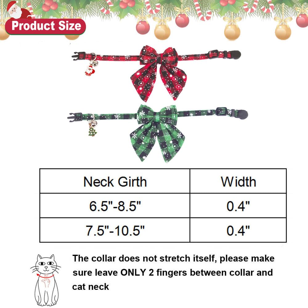 Adoggygo Christmas Cat Collars Breakaway With Stylish Bow, 2 Pack Red Green Plaid With Snowflake Christmas Kitten Collar With Bell, Removable Bowtie Cat Christmas Collar For Cats (7.5'- 10.5', Bow-2)