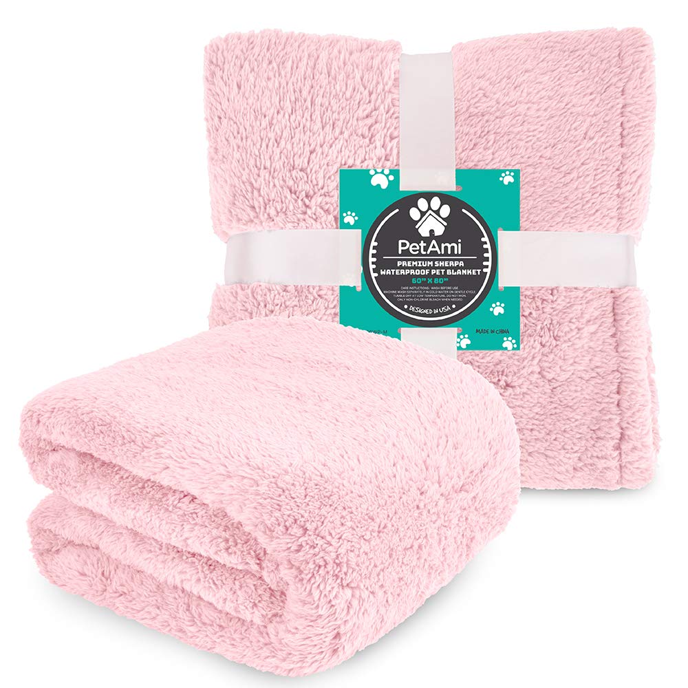 Petami Fluffy Waterproof Dog Blanket For Bed Large Dogs, Soft Warm Pet Sherpa Throw Pee Proof Couch Cover, Reversible Cat Blanket Sofa Crate Kennel Protector, Washable Mat (Pink Blush, 60X80)