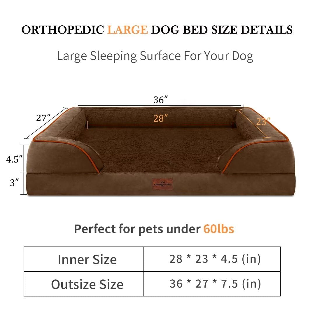 Comfort Expression Large Dog Beds Orthopedic Foam, Waterproof Dog Beds For Large Dogs, Comfy Pet Bed Sofa With Washable Removable Cover & Non-Slip Bottom(Large,Chocolate Brown)