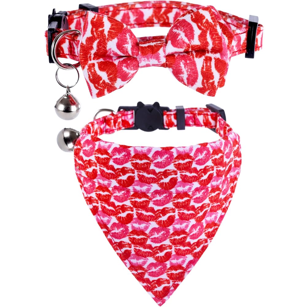 Valentine Cat Collar Breakaway With Bow Tie Bandana And Bell Holiday For Kitty Adjustable Safety Love Heart