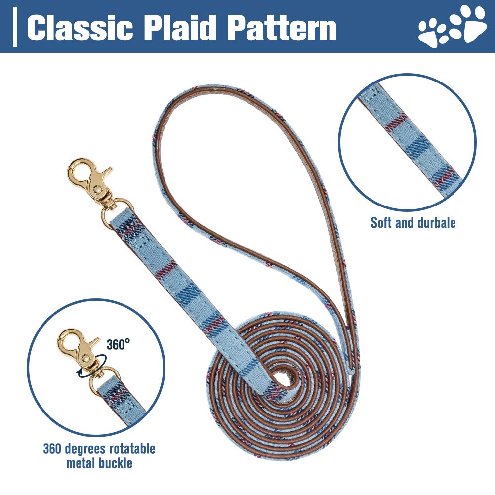 Expawlorer Puppy Collar And Leash Set - Embroidery Pawprints Plaid Dog Collar And Dog Leash Set, Bow Tie And Bandana Dog Collar With Bell, Cute Collar And Leash For Dogs Cats Outdoor Walking, Blue Xs