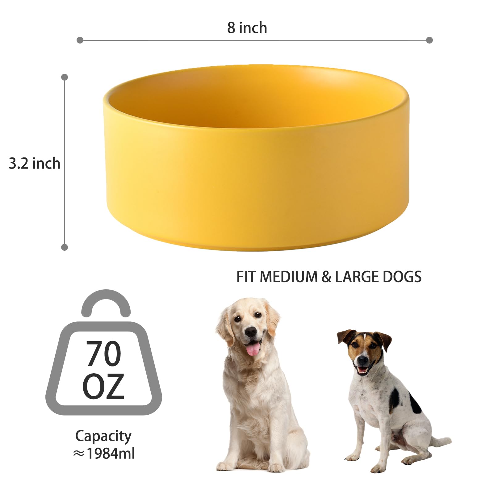 Welloyed 8 Ceramic Dog Bowl - 70Oz Classic Dogs Food & Water Bowl for Medium and Large Breeds, Heavy-Duty Non-Slip Dog Dish, F