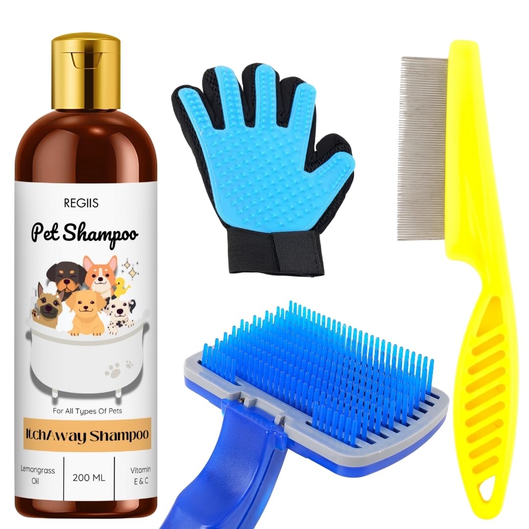 Regiis Pet Grooming Kit With Shampoo, Blue Deshedding Brush, Grooming Glove, Comb, 4Piece Set For Dogs(Pack Of 4)