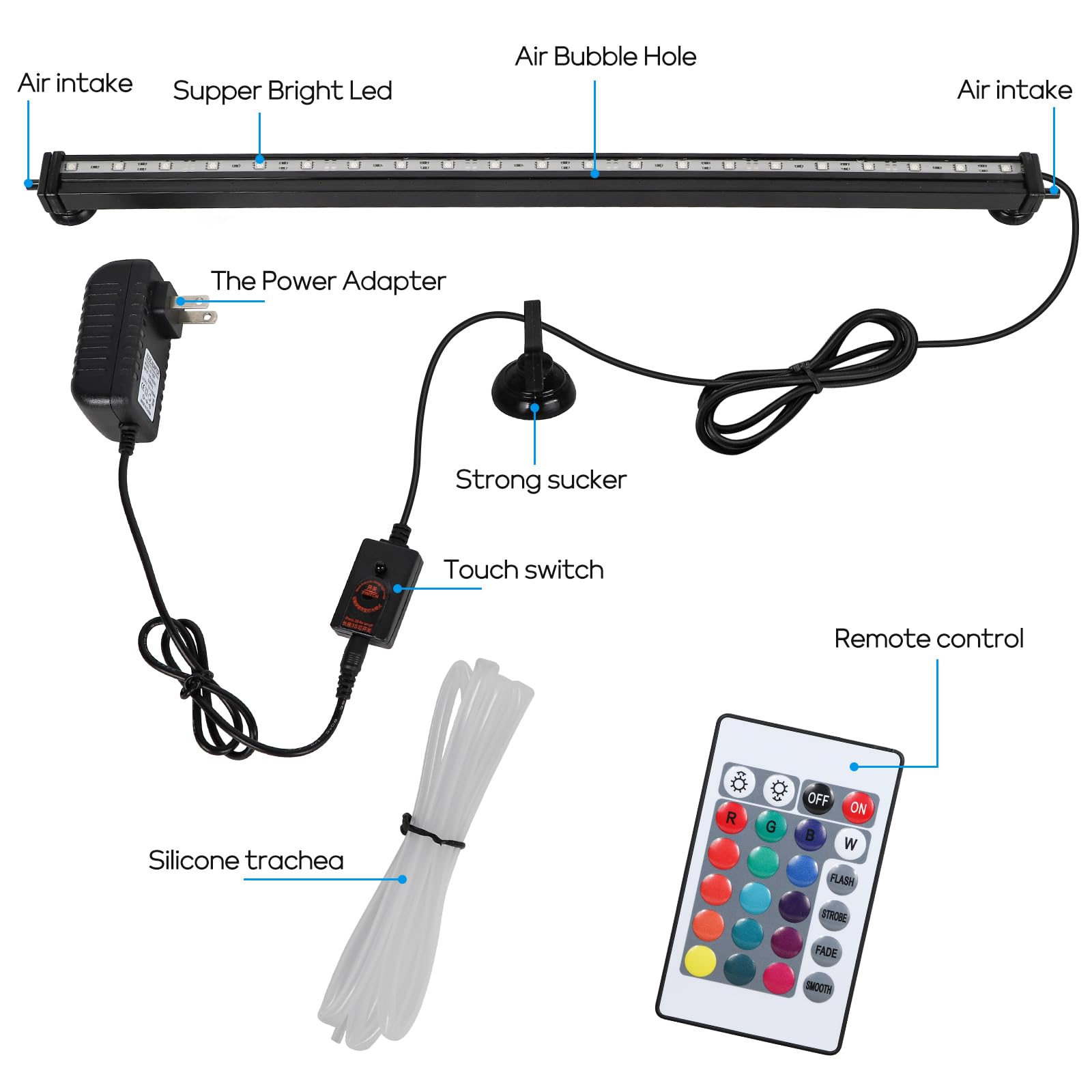Szminiled Submersible Aquarium Light, Fish Tank Light With Air Bubble Hole, Rgb Color Changing Brightness Adjustable Ip68 Waterproof Remote Control Led Light For Aquarium Fish Tank 20 Inch
