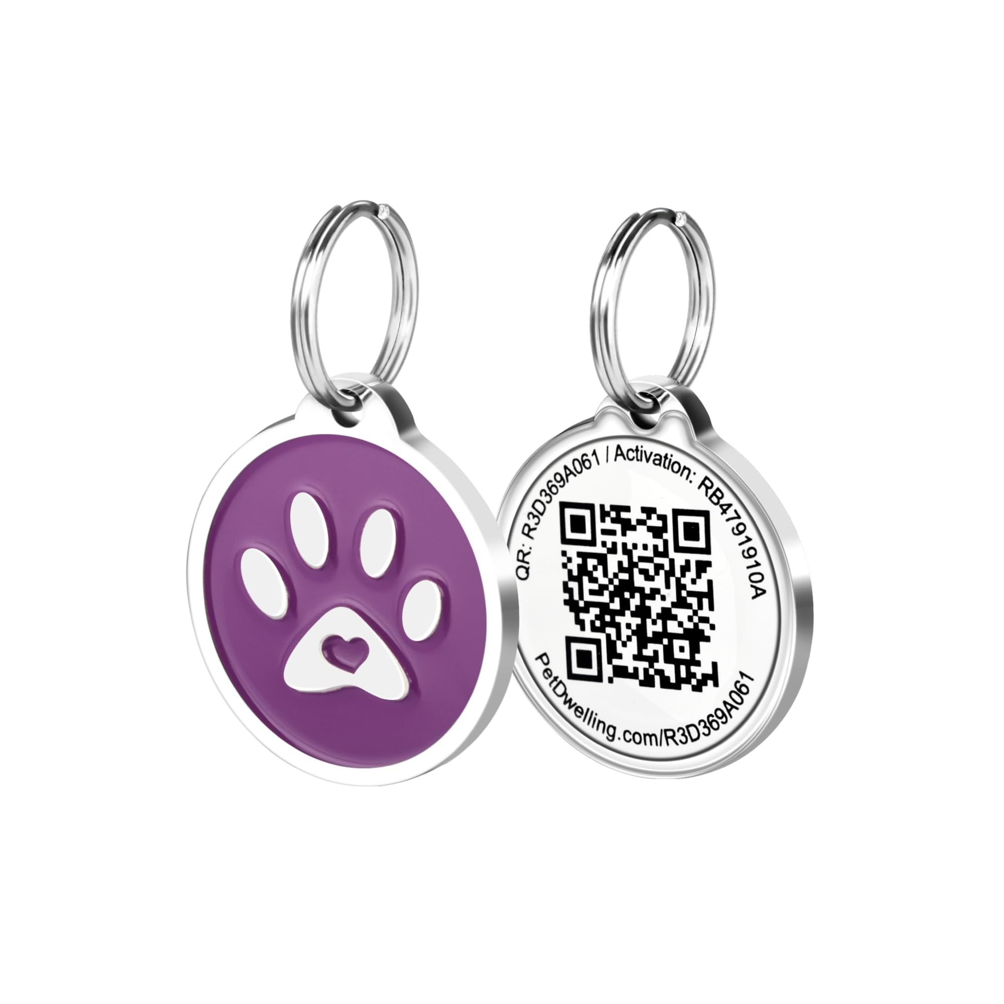 Pet Dwelling Premium Qr Code Pet Id Tags - Dog Tags And Cat Tags, Connect To Online Pet Profile, Receive Instant Scanned Tag Location Email Alert(Purple Paw)