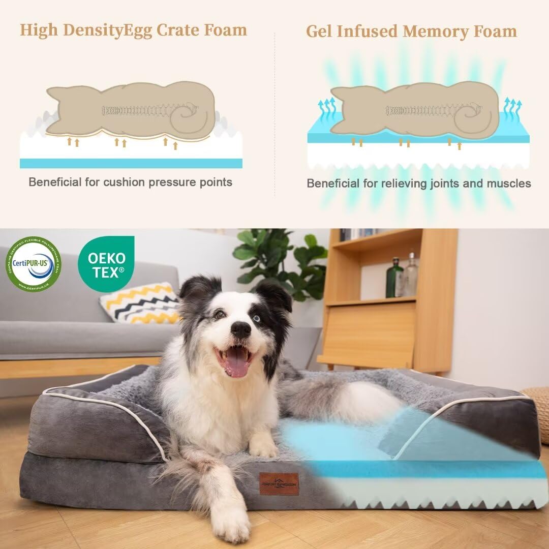 Comfort Expression Cooling Dog Bed For Large Dogs, Orthopedic Memory Foam Dog Bed, Waterproof Dog Beds, Washable Dog Bed With Removable Cover,Pet Bed Dog Sofa With Bolster(Large,Silver Grey)