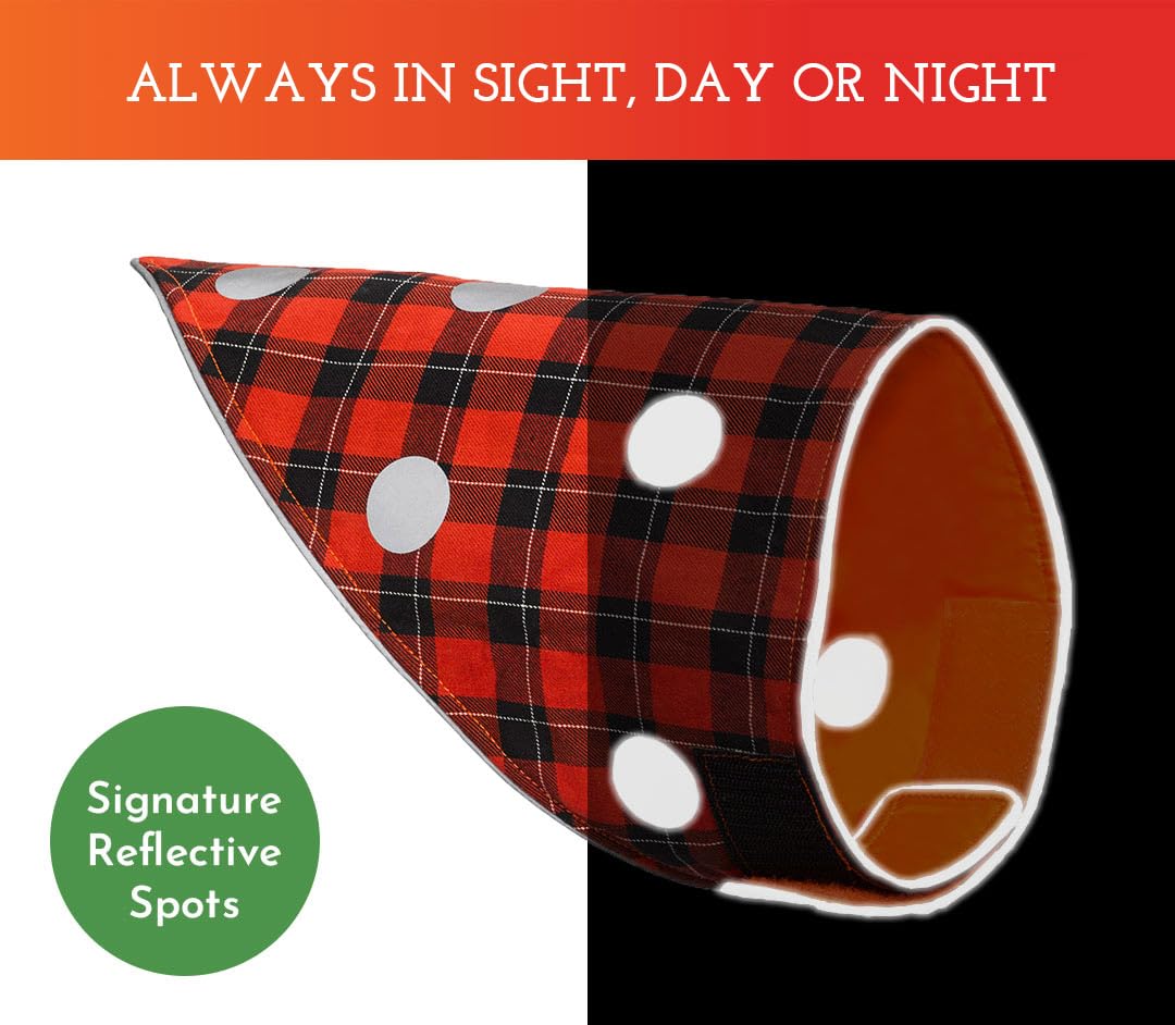 Spot The Dog! Reflective Dog Bandanas - Reversible High Visibility Safety Dog Accessories For Small, Large Dogs, Collar, Scarf, Bib Gear For Hunting, Walking At Night (Blaze Orange, Red Plaid, M-L)