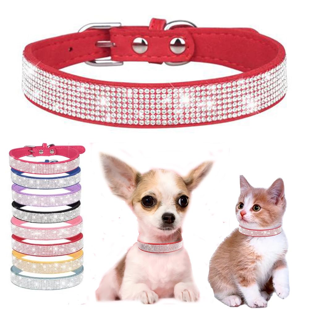 Red Diamond Cat Collar, Bling Dog Collar Girl Rhinestone Puppy Collar Female Sparkly Sparkle Jewelry Cute Adjustable For Xxs Xs 