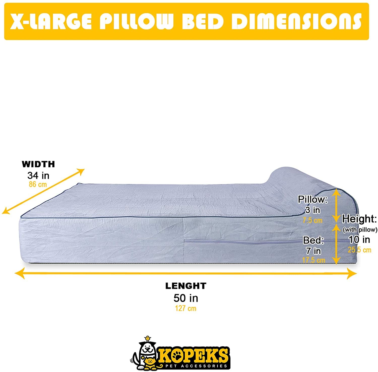Kopeks Dog Bed Replacement Cover Memory Foam Beds - Grey - Extra Large (Jumbo Size)