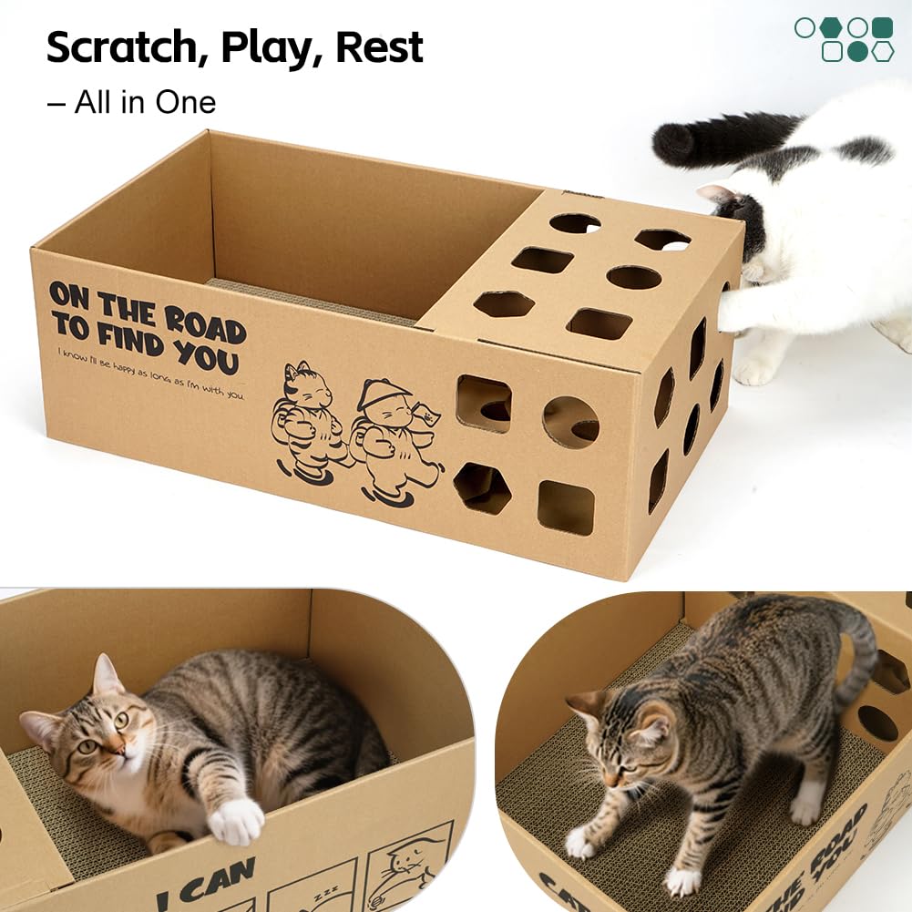 3-In-1 Multi-Functional Cardboard Cat Scratcher Box With Double-Sided Scratch Pad And Interactive Toy Assortment - Includes Refi