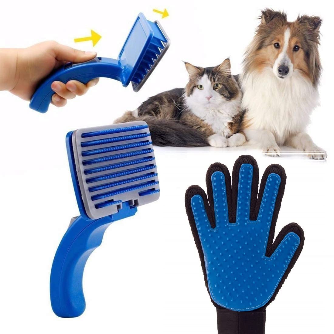 Woofy Pet Grooming And Deshedding Combo Pack Plastic Slicker Brush And Hair Massager Grooming Glove Ideal For Dogs And Puppies L