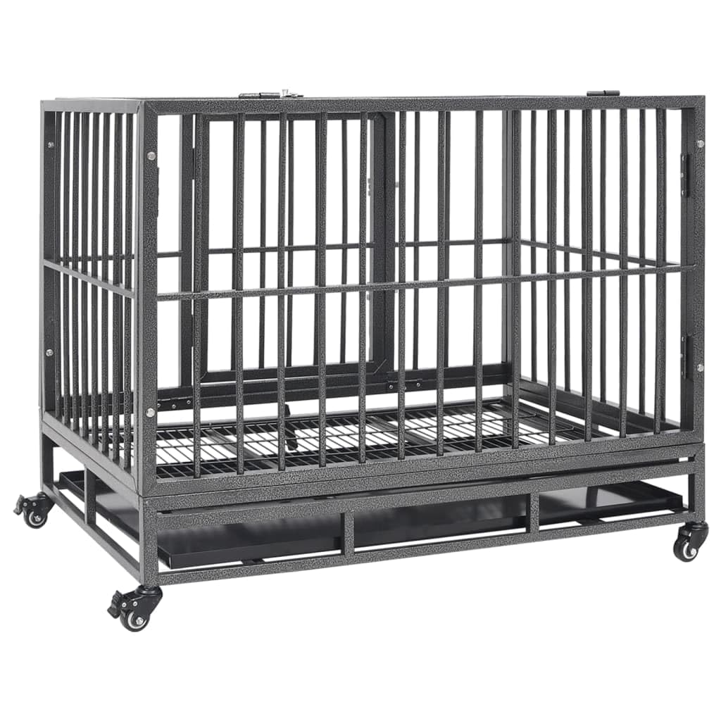 Vidaxl Secure Dog Cage With Wheels, Sturdy Steel Frame With Security Latches, Easy Clean Removable Tray, Optimal Visibility And Ventilation