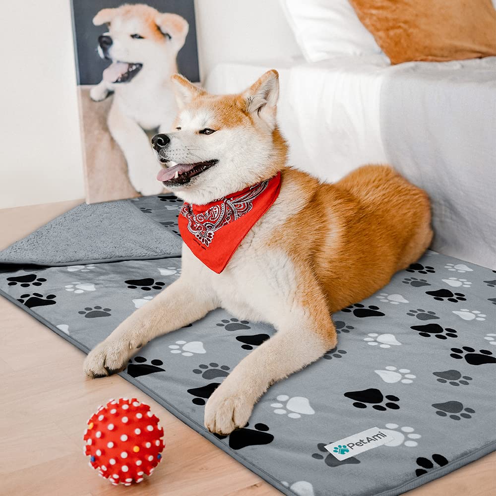 Petami Waterproof Dog Blanket For Small Medium Dogs, Pee Proof Pet Blanket Sherpa Fleece Couch Cover, Reversible Cat Throw Bed Sofa Protector, Soft Plush Washable Pad (Medium 29X40, Paw Print Gray)