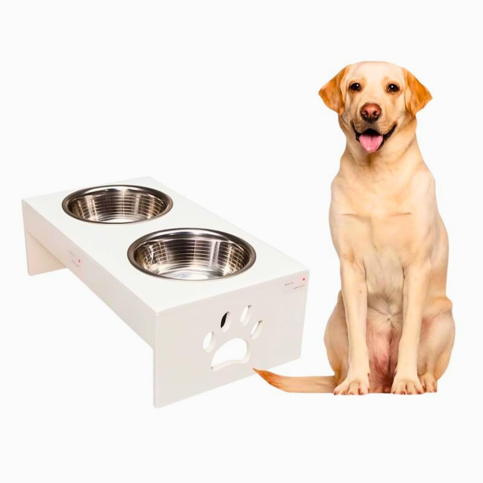 Pet Feeder Stainless Steel Food & Water Bowls With Stand | Mdf Wood Elevated Dog Feeding Station With Double Bowl Design | Raise