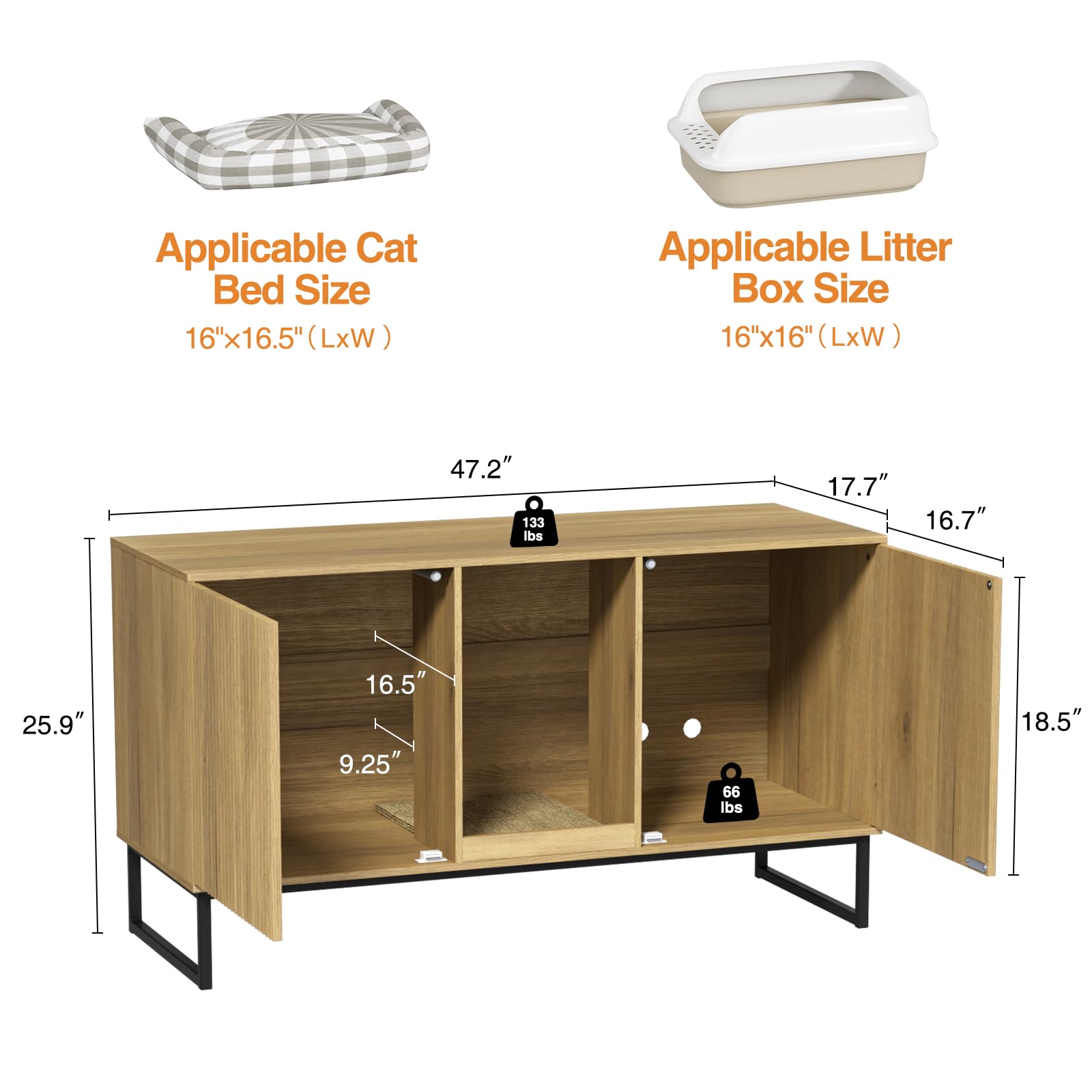 Vabches Litter Box Enclosure For 2 Cats, Hidden Litter Box Furniture With Double Room, Modern Cat House With Scratch Pad For Liv