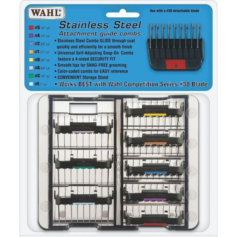 Wahl Professional Animal Stainless Steel Attachment Guide Comb Set For Detachable Blade Pet, Dog, Cat, And Horse Clippers (3390-100)