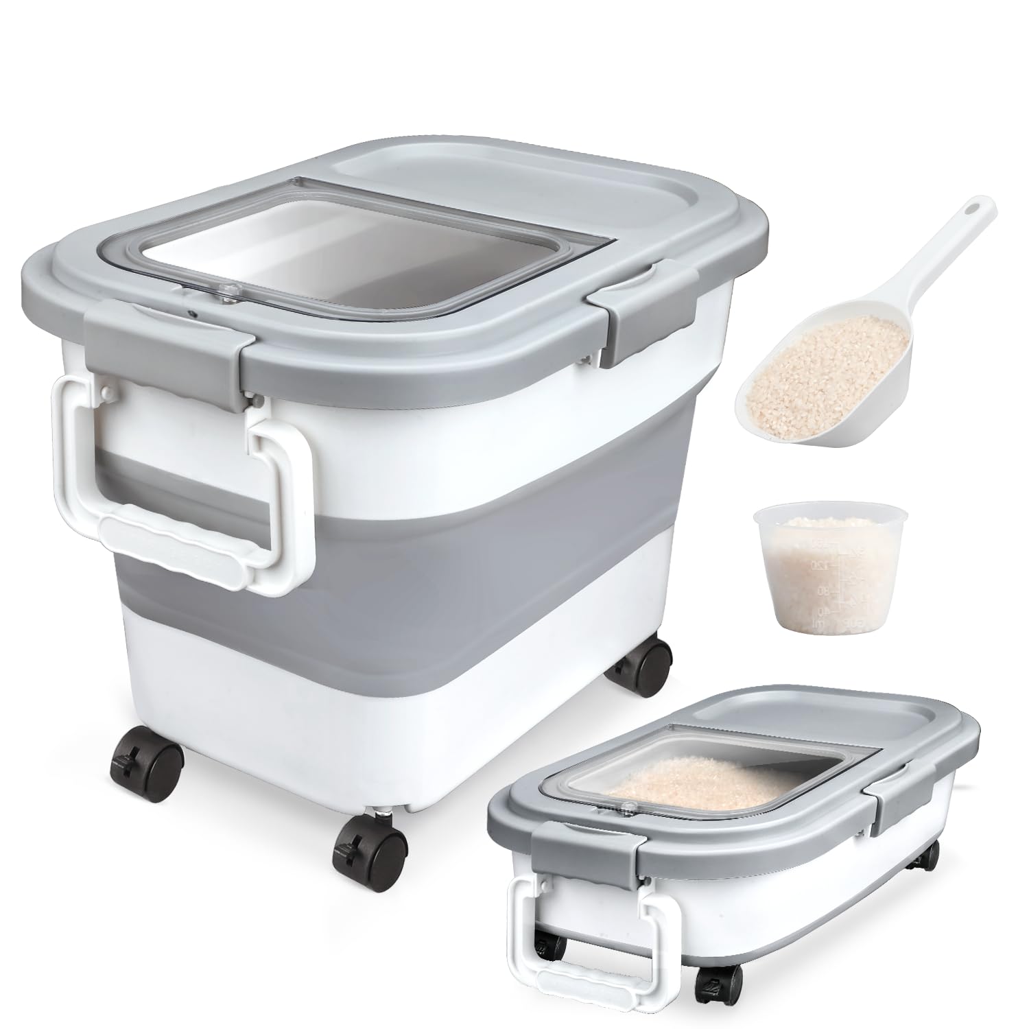 Komzon Rice Storage Container, Collapsible Airtight Food Storage Containers 20-30 Lbs, Rice Dispenser Bin With Cup And Scoop For