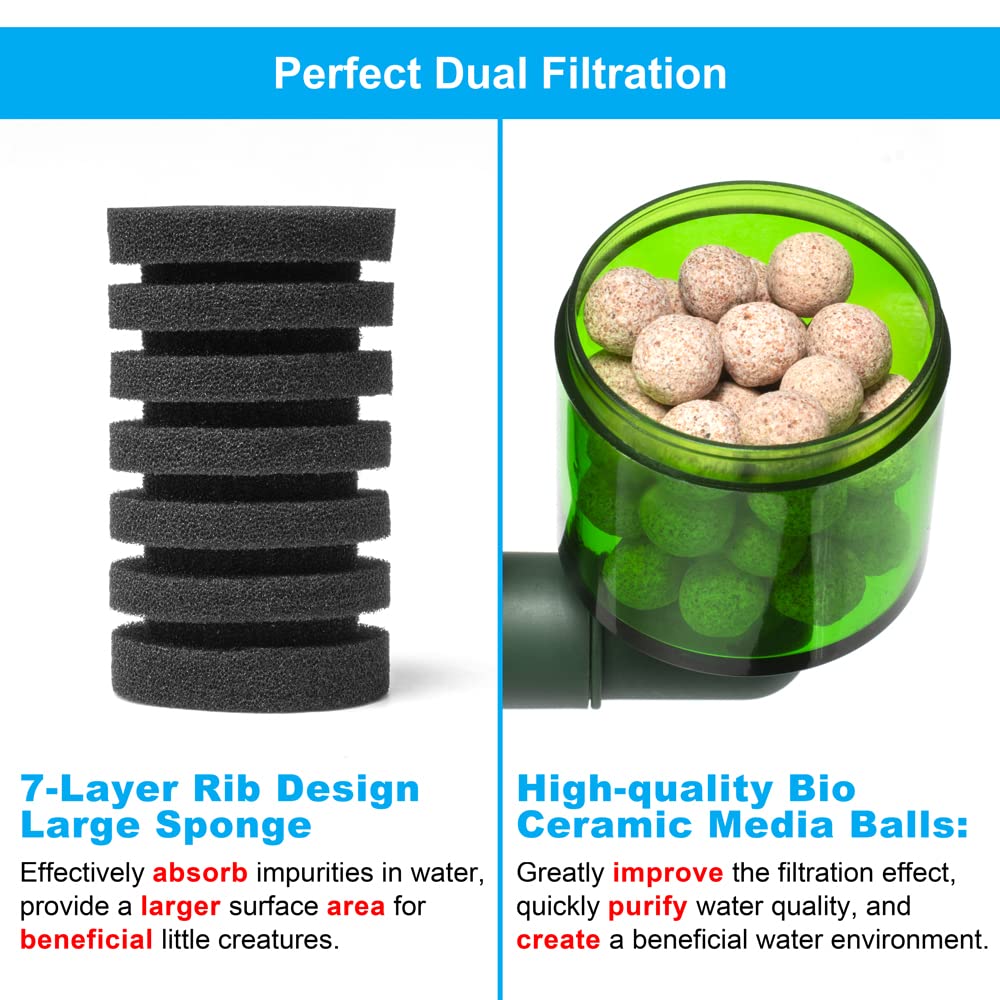 DaToo DT-100A Aquarium Sponge Filter for 10-40 Gallon Tanks, Quiet Submersible Bio Filter with 2 Spare Sponges & Bio Ceramic Media Balls