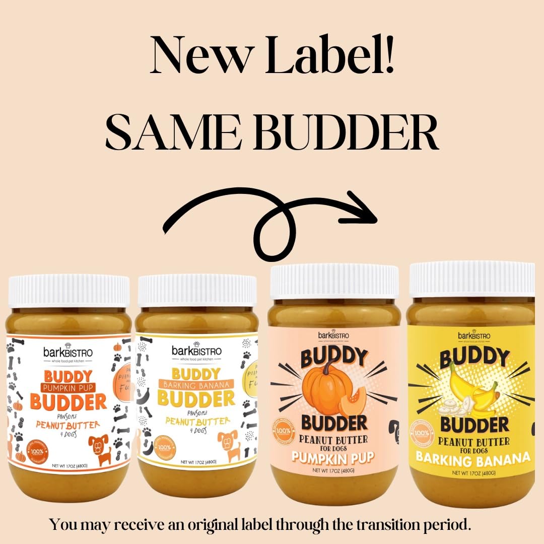 BUDDY BUDDER Barkin Banana + Pumpkin Pup, 100% All Natural Dog Peanut Butter, Peanut Butter Dog Treat, Made in USA (Set of 2 | 1